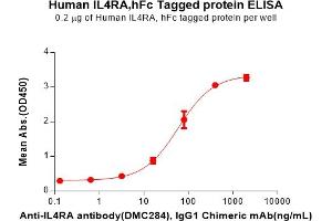 ELISA plate pre-coated by 2 μg/mL (100 μL/well) Human IL4RA Protein, hFc Tag(ABIN6964129, ABIN7042537 and ABIN7042538) can bind Anti-IL4RA antibody, IgG1 Chimeric mAb in a linear range of 16.