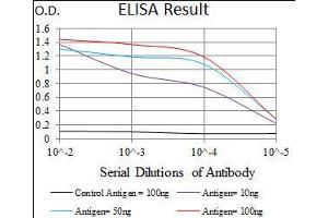 Black line: Control Antigen (100 ng), Purple line: Antigen(10 ng), Blue line: Antigen (50 ng), Red line: Antigen (100 ng), (Cadherin 5 抗体  (AA 29-223))