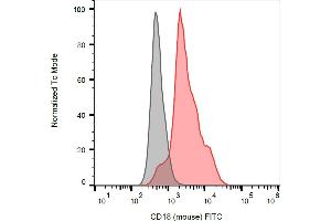 Flow cytometry analysis (surface staining) of murine splenocytes using anti-mouse CD18 (M18/2) FITC antibody (red, concentration in sample 3 μg/mL) with blank sample (grey). (Integrin beta 2 抗体  (FITC))