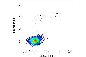 Flow cytometry dot-plot staining pattern of rBet v 7 recombinant allergen stimulated human peripheral whole blood lymphocytes and basophils of a proven allergic donor stained using anti-human CD63 (MEM-259) FITC and anti-human CD203c (NP4D6) PE antibodies . (PPIL1 蛋白)