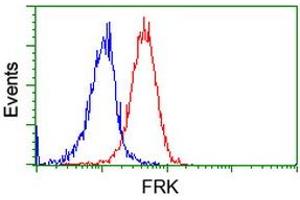 Flow cytometric Analysis of Jurkat cells, using anti-FRK antibody (ABIN2453819), (Red), compared to a nonspecific negative control antibody, (Blue). (FRK 抗体)