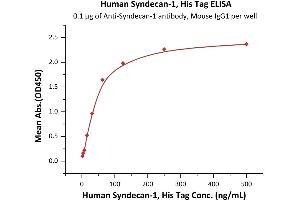 Immobilized Acan-1 antibody, Mouse IgG1 (Acan-1 antibody) at 1 μg/mL (100 μL/well) can bind Human Syndecan-1, His Tag (ABIN6973272) with a linear range of 2-125 ng/mL (Routinely tested). (Syndecan 1 Protein (SDC1) (AA 23-254) (His tag))