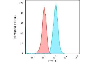 Flow Cytometric Analysis of Raji cells using CD79a Rabbit Recombinant Monoclonal Antibody (IGA/1790R ) followed by Goat anti-Mouse IgG-CF488 (Blue); Isotype Control (Red). (Recombinant CD79a 抗体  (AA 202-216))