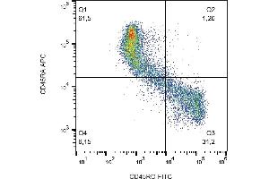 Flow cytometry analysis (surface staining) of CD45R0 in human peripheral blood with anti-CD45R0 (UCHL1) FITC. (CCL20 抗体  (FITC))