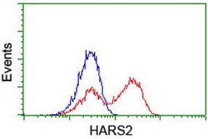 HEK293T cells transfected with either RC204925 overexpress plasmid (Red) or empty vector control plasmid (Blue) were immunostained by anti-HARS2 antibody (ABIN2455247), and then analyzed by flow cytometry. (HARS2 抗体)