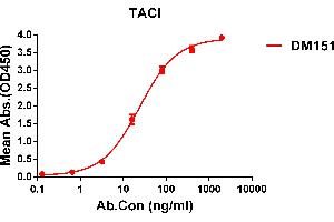ELISA plate pre-coated by 1 μg/mL (100 μL/well) Human TACI protein, hFc tagged protein ((ABIN6964073, ABIN7042401 and ABIN7042402)) can bind Rabbit anti-TACI monoclonal antibody(clone: DM151) in a linear range of 5-100 ng/mL. (TACI 抗体  (AA 2-166))