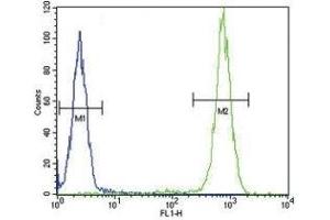 IL-4 antibody flow cytometric analysis of WiDr cells (right histogram) compared to a negative control (left histogram). (IL-4 抗体  (AA 122-150))