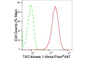 Flow cytometric analysis of TAO kinase 1 expression in HepG2 cells using TAO kinase 1 antibody (ABIN7800509), 1:2,000). (Recombinant TAO Kinase 1 (TAOK1) 抗体)