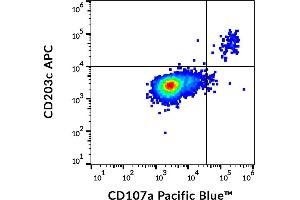 Flow cytometry multicolor staining pattern of human IgE-stimulated PBMC stained using anti-human CD107a (H4A3) Pacific Blue and anti-human CD203c (NP4D6) APC. (ENPP3 抗体  (APC))