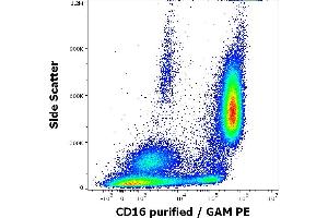 Anti-human CD16 purified antibody (clone 3G8) works in flow cytometry application.