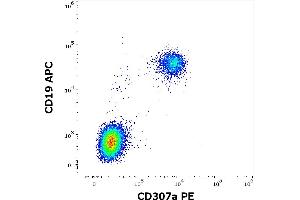 Flow cytometry multicolor surface staining of human lymphocytes stained using anti-human CD307a(E3) PE antibody (10 μL reagent / 100 μL of peripheral whole blood) and anti-human CD19 (4G7) APC antibody (10 μL reagent / 100 μL of peripheral whole blood). (FCRL1 抗体  (PE))
