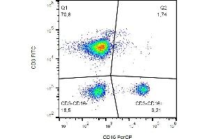 Flow cytometry analysis (surface staining) of CD16 in human peripheral blood (lymphocyte gate) with anti-CD16 (3G8) PerCP. (CD16 抗体  (PerCP))