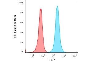 Flow Cytometric Analysis of PFA fixed HeLa cells using NPM1 Recombinant Mouse Monoclonal Antibody (rNPM1/1901)followed by goat anti-mouse IgG-CF488 (Blue), Isotype Control (Red). (Recombinant NPM1 抗体  (AA 185-287))