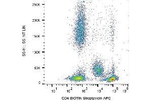Surface staining of human peripheral blood cells with anti-human CD4 (MEM-241) biotin, streptavidin-APC. (CD4 抗体  (N-Term) (Biotin))