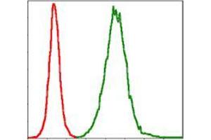 Flow cytometric analysis of NIH/3T3 cells using TNNI2 mouse mAb (green) and negative control (red). (TNNI2 抗体)