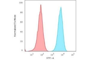 Flow Cytometric Analysis of Raji cells using HLA-Pan Recombinant Rabbit Monoclonal Antibody (HLA-Pan/2967R) followed by goat anti-rabbit IgG-CF488 (Blue); Isotype control (Red). (Recombinant MHC Class II HLA-DP/DQ/DR 抗体)