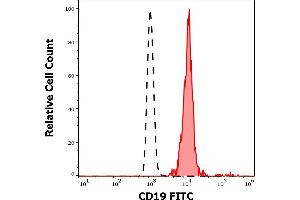 Separation of human CD19 positive lymphocytes (red-filled) from neutrophil granulocytes (black-dashed) in flow cytometry analysis (surface staining) of human peripheral whole blood stained using anti-human CD19 (4G7) FITC antibody (20 μL reagent / 100 μL of peripheral whole blood). (CD19 抗体  (FITC))