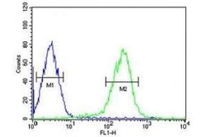 SMAD6 antibody flow cytometric analysis of HepG2 cells (right histogram) compared to a negative control (left histogram). (SMAD6 抗体  (AA 358-386))