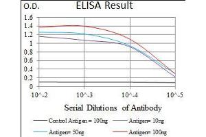 Black line: Control Antigen (100 ng), Purple line: Antigen(10 ng), Blue line: Antigen (50 ng), Red line: Antigen (100 ng), (NEUROD1 抗体  (AA 26-91))