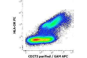 Flow cytometry multicolor surface staining pattern of human stimulated (GM-CSF + IL-4) monocytes using anti-human HLA-DR (L243) PE antibody (10 μL reagent / 100 μL of peripheral whole blood) and anti-human CD273 (24F. (PDCD1LG2 抗体)