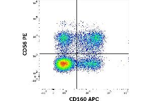 Flow cytometry multicolor surface staining pattern of human lymphocytes using anti-human CD160 (BY55) APC antibody (10 μL reagent / 100 μL of peripheral whole blood) and anti-human CD56 (LT56) PE antibody (10 μL reagent / 100 μL of peripheral whole blood). (CD160 抗体  (APC))