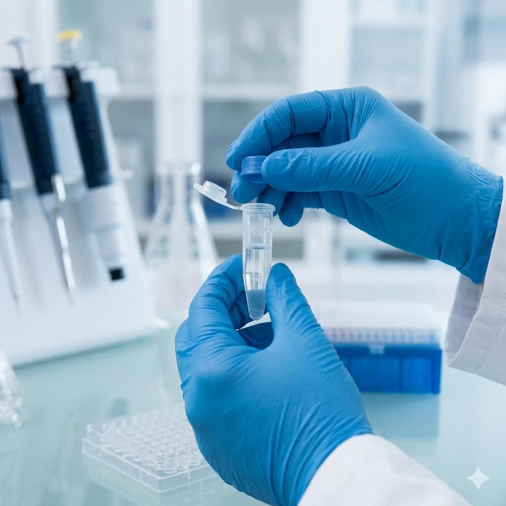 生命科学研究人员佩戴蓝色手套，正在打开一个装有用于实验验证的高纯度靶蛋白的微量离心管。